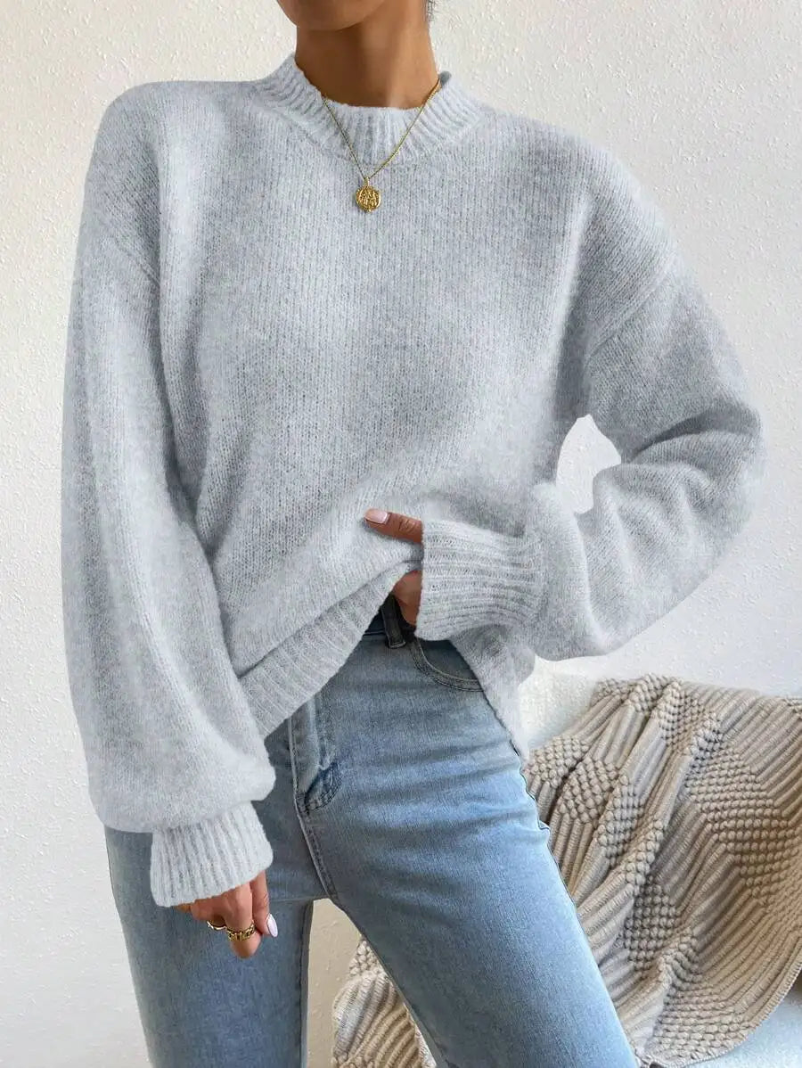 Women's Mock Neck Drop Shoulder Knit Sweater with Relaxed Oversized Silhouette