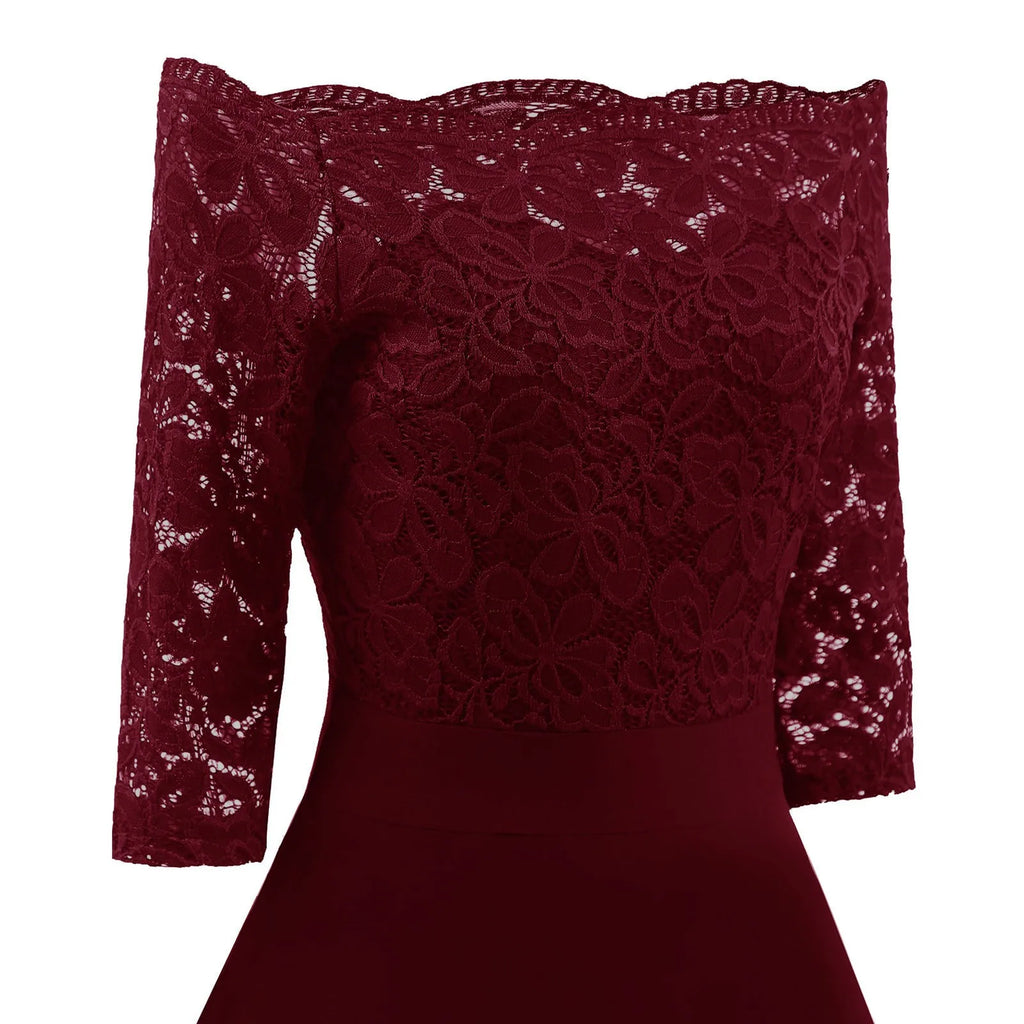 Elegant Burgundy Off-the-Shoulder Dress with Floral Lace Sleeves and Flared Skirt