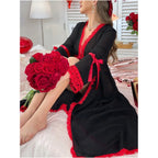 Dramatic Sheer Black Long Robe with Contrasting Red Ruffled Trim