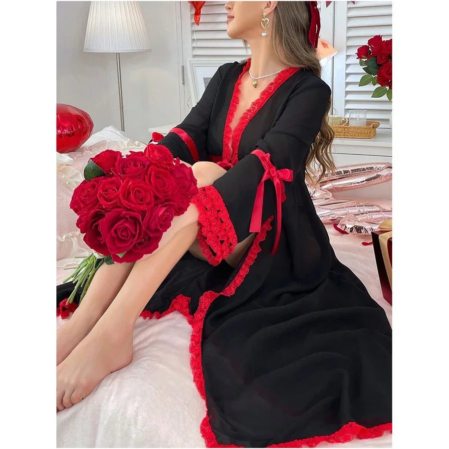 Dramatic Sheer Black Long Robe with Contrasting Red Ruffled Trim