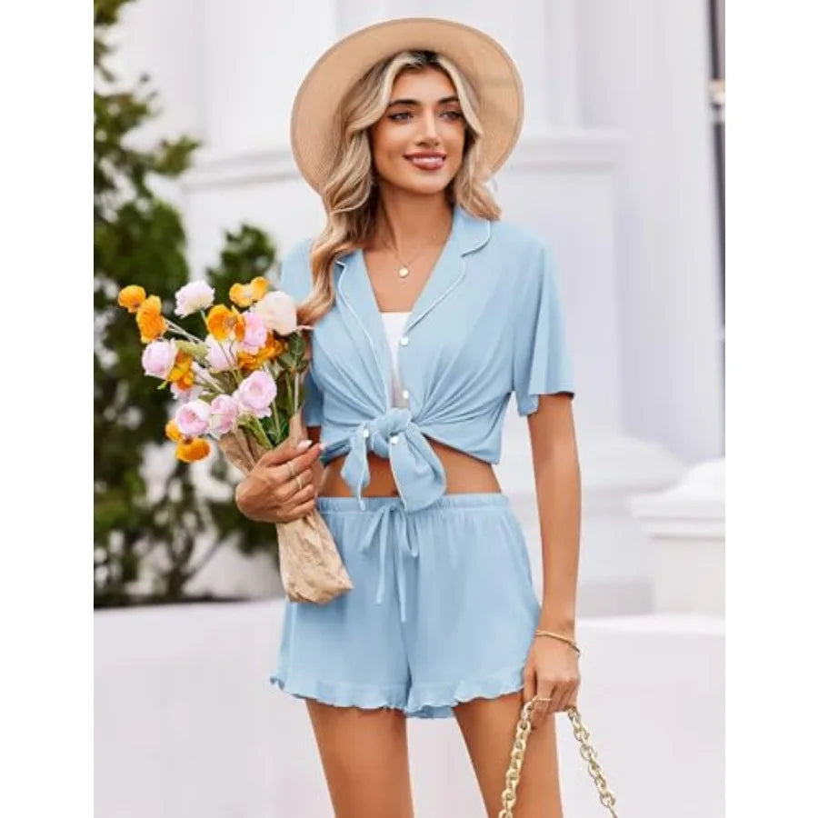 Button Front Shirt and Ruffle Shorts Sleepwear Co-Ord Set for Women