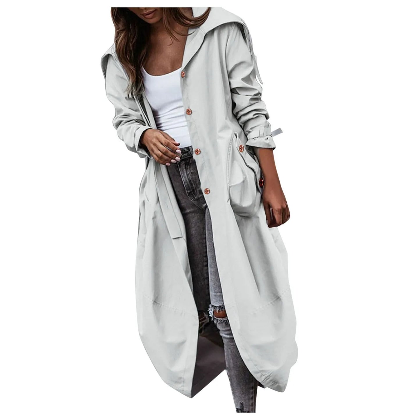 Women's Oversized Hooded Longline Trench Coat with Button Front Casual Streetwear Outerwear