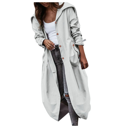 Women's Oversized Hooded Longline Trench Coat with Button Front Casual Streetwear Outerwear