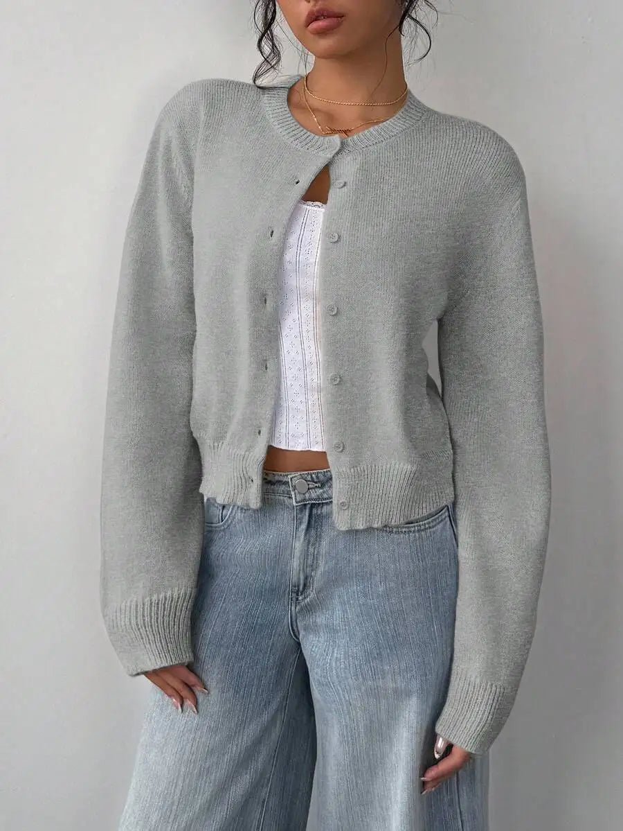 Women's Cropped Crew Neck Relaxed Fit Minimalist Knit Sweater