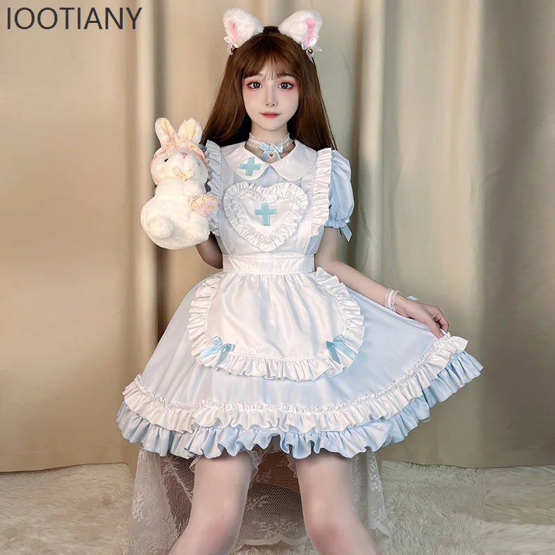 Sweet Pink Lolita Nurse-Maid Cosplay Dress with Cross Emblem and Ruffle Trims
