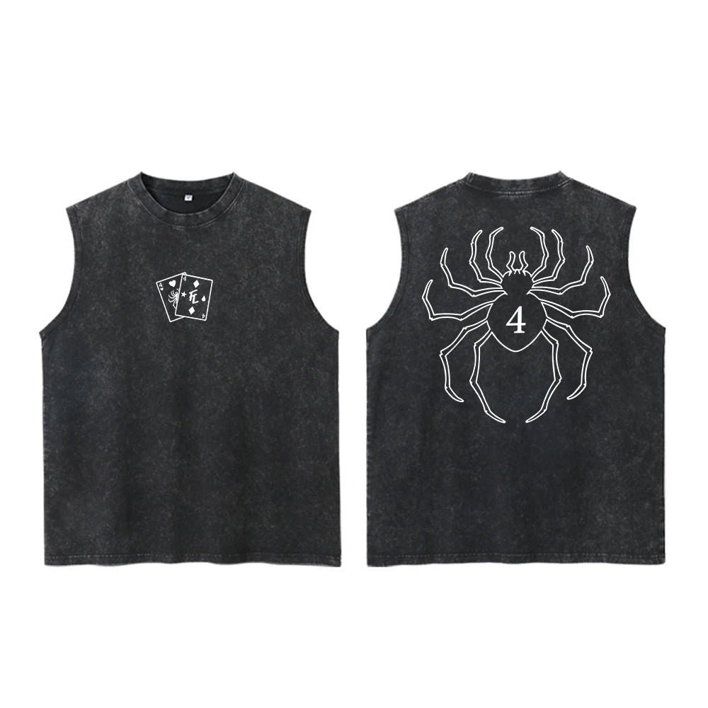 Japanese Streetwear Inspired Cotton Sleeveless Tank Top with Dark Arachnid Graphic Artwork