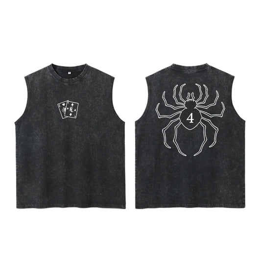 Japanese Streetwear Inspired Cotton Sleeveless Tank Top with Dark Arachnid Graphic Artwork