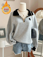 Women's Oversized Half Zip Collar Sweatshirt with Drop Shoulders for Casual Everyday Fashion