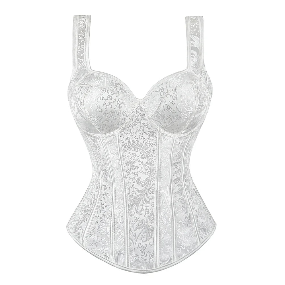 Vintage Floral Tapestry Overbust Corset with Wide Straps and Structured Seaming