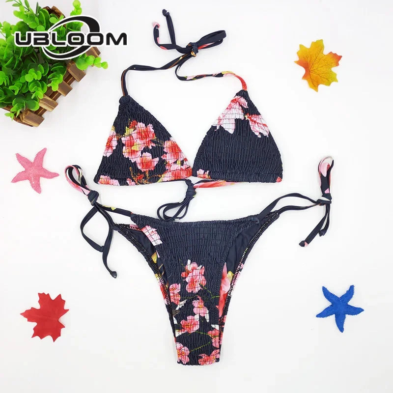 Vibrant Green Floral Underwire Bikini with Ruched Texture