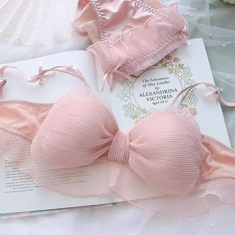 Ruffled Tulle Statement Bow Wire-Free Bralette and Matching Frilled Low-Rise Panty Set