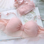 Ruffled Tulle Statement Bow Wire-Free Bralette and Matching Frilled Low-Rise Panty Set