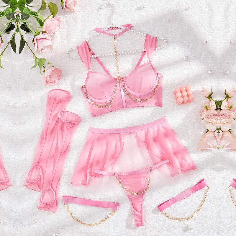 Playful Pink Sheer Mesh Lingerie Set with Gold-Toned Chain Accents and Accessories