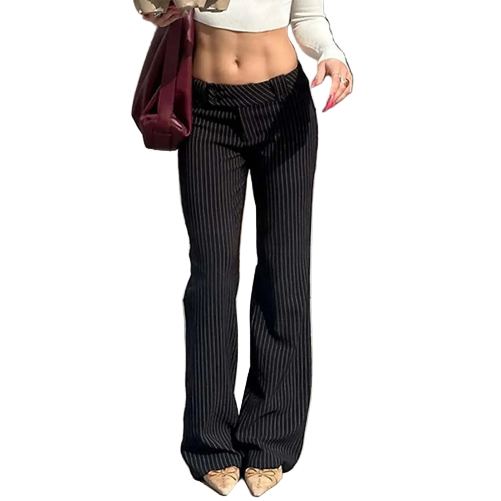 Low Rise Wide Leg Flared Casual Pants with Vertical Stripe Streetwear Style