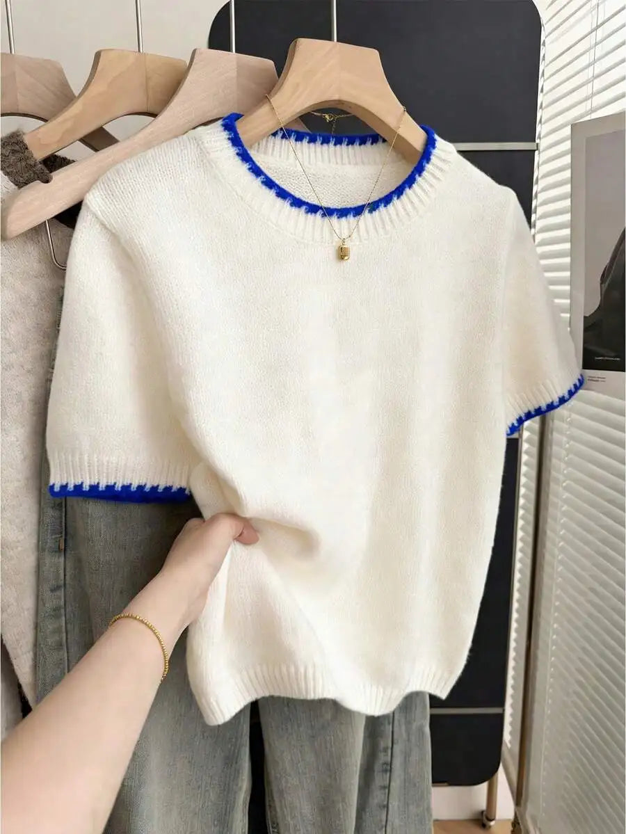 Women's Contrast Trim Short Sleeve Knit Sweater with Relaxed Retro Cropped Silhouette