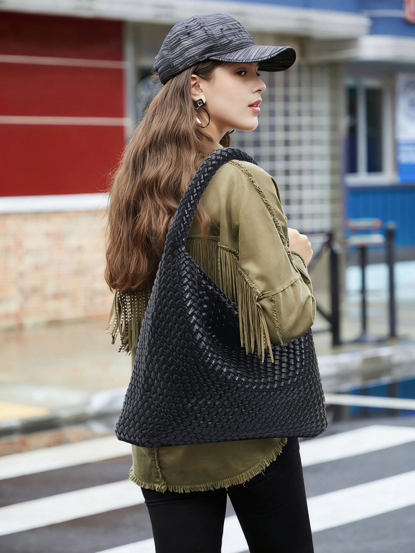 Soft Woven Texture Hobo Tote Shoulder Bag with Relaxed Structure