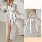 Dramatic Floor-Length Sheer Floral Lace Robe with Long Sleeves and Satin-Style Belt