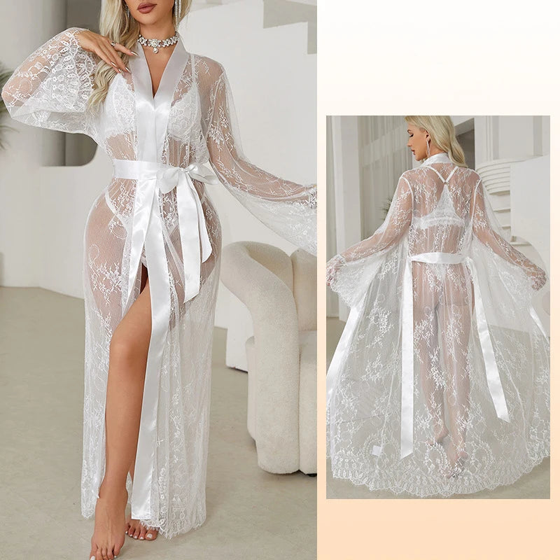 Dramatic Floor-Length Sheer Floral Lace Robe with Long Sleeves and Satin-Style Belt