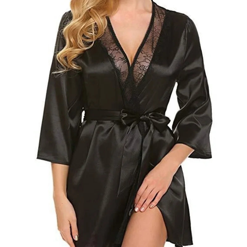 Elegant Black Satin-Finish Wrap Robe with Sheer Lace Lapel Paneling
