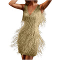 Fringe Detail Sleeveless Mini Dress with Deep V-Neck Statement Silhouette