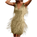 Fringe Detail Sleeveless Mini Dress with Deep V-Neck Statement Silhouette