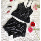 Striking Red Satin-Finish Camisole and Shorts Sleep Set with Wide Black Lace Trim