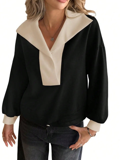 Women's Contrast Collar V-Neck Sweatshirt with Long Sleeves for Casual Contemporary Everyday Fashion