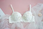Pristine White Ruched Mesh Lingerie Set with Delicate Floral Embroidery