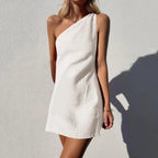 Minimalist One-Shoulder Mini Dress in Solid Earth Tone