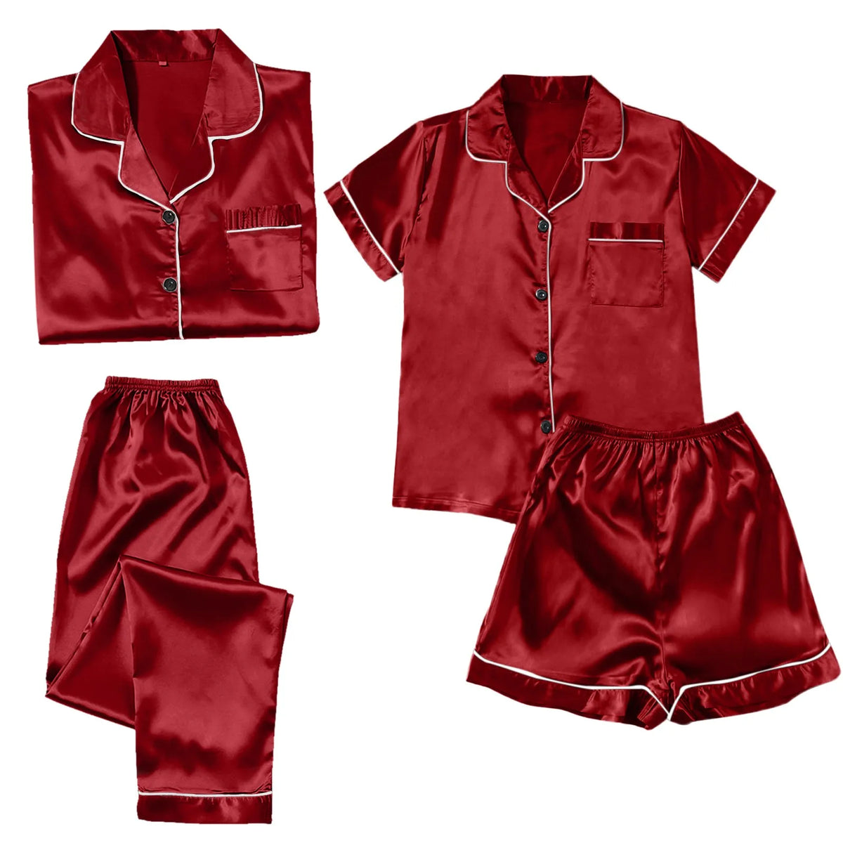 Women's 4-Piece Satin-Look Pajama Set, Short- and Long-Sleeve Tops with Matching Pants and Shorts, Soft Coordinated Loungewear