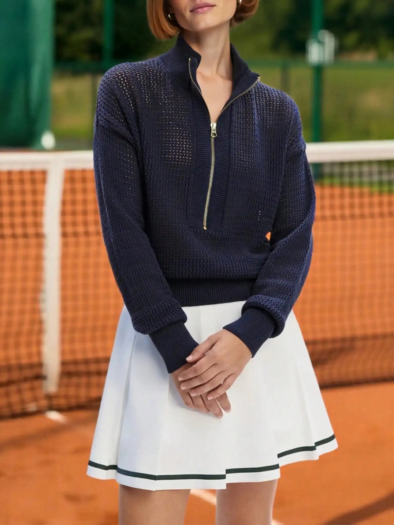 Women's Half-Zip Long Sleeve Performance Knit Top with Stand Collar Contemporary Activewear Style