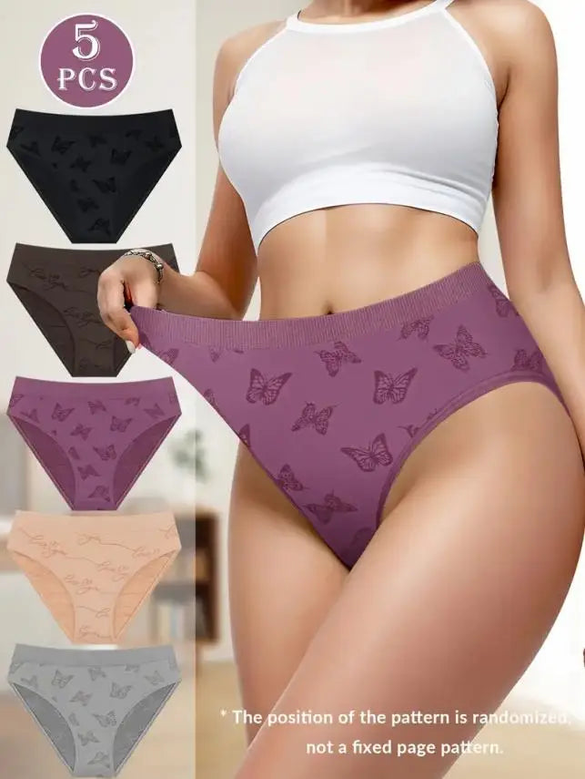 5-Piece Women’s Butterfly Print Low-Rise Briefs Set with Colorful Patterns, Smooth Silhouette and Playful Feminine Design