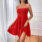 Smocked Bustier Mini Dress with Tiered Hem and Spaghetti Strap Design