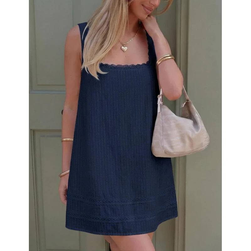 Navy Blue Square Neck Sleeveless Mini Dress with Relaxed Shift Silhouette