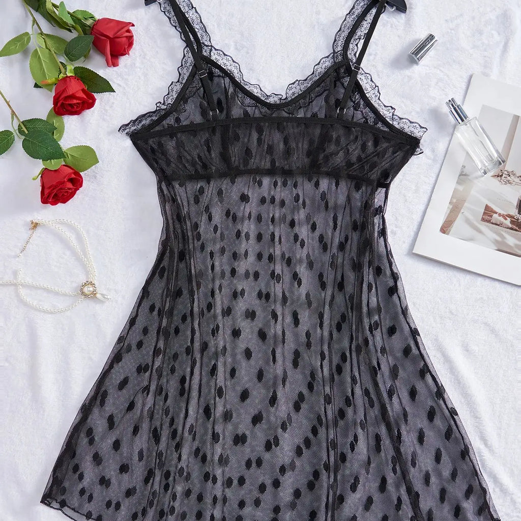 Semi-Sheer Polka Dot Mesh Babydoll Nightdress with Lace Splicing