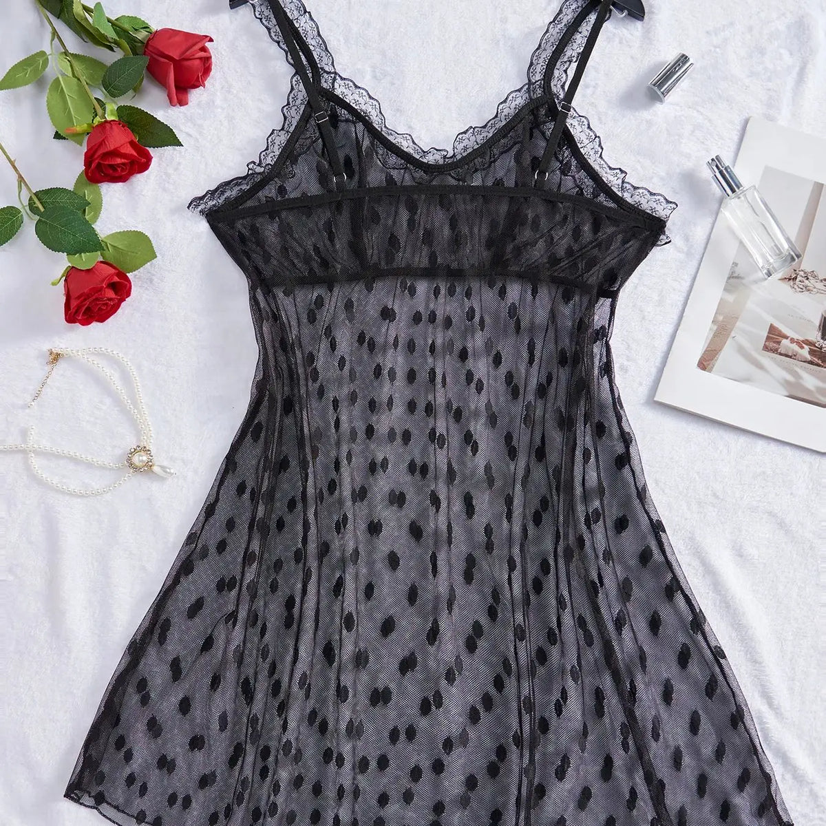 Semi-Sheer Polka Dot Mesh Babydoll Nightdress with Lace Splicing