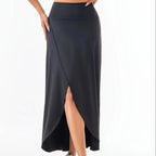 High Waist A-Line Midi Skirt with Front Slit Flowing Contemporary Casual Style