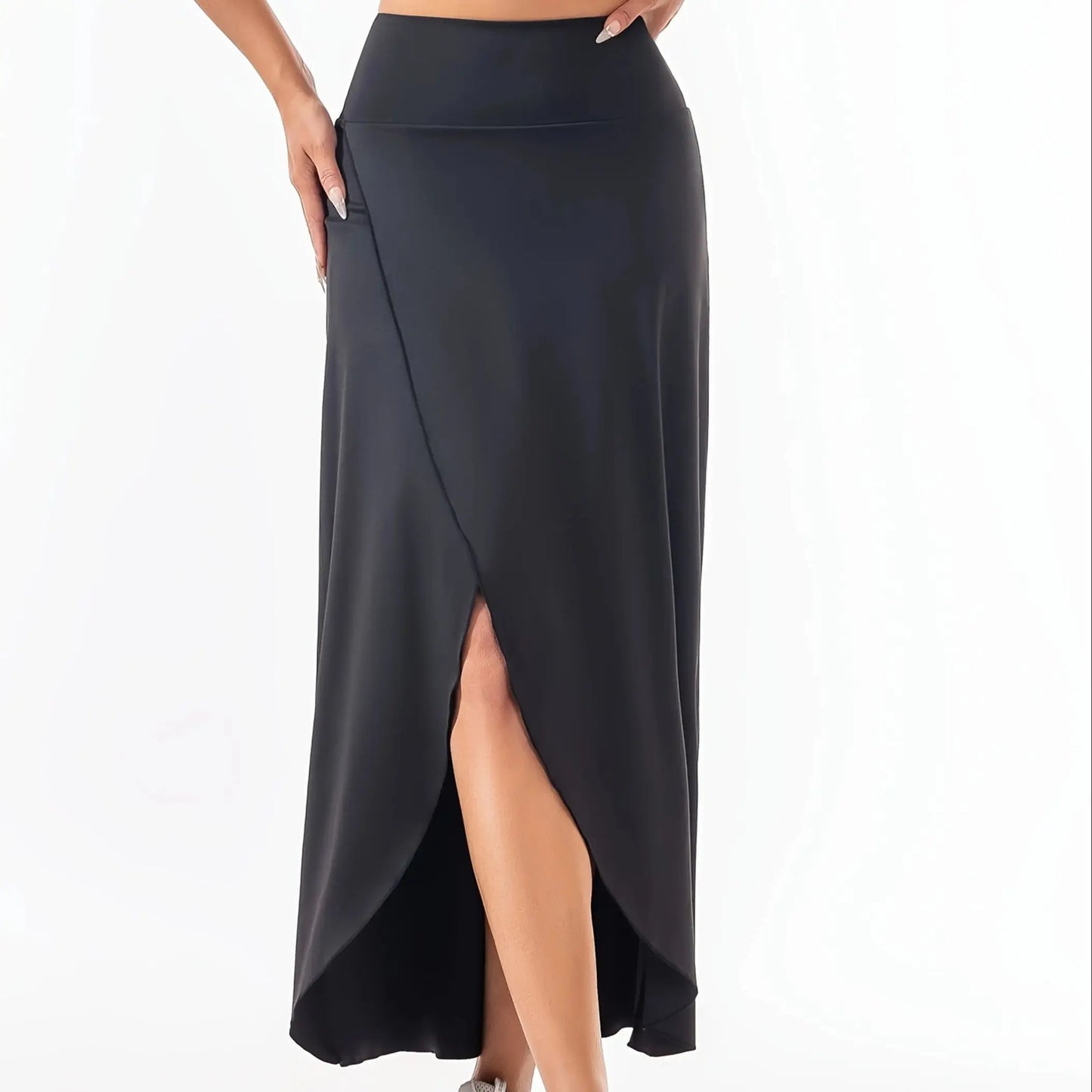 High Waist A-Line Midi Skirt with Front Slit Flowing Contemporary Casual Style