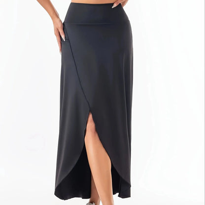 High Waist A-Line Midi Skirt with Front Slit Flowing Contemporary Casual Style