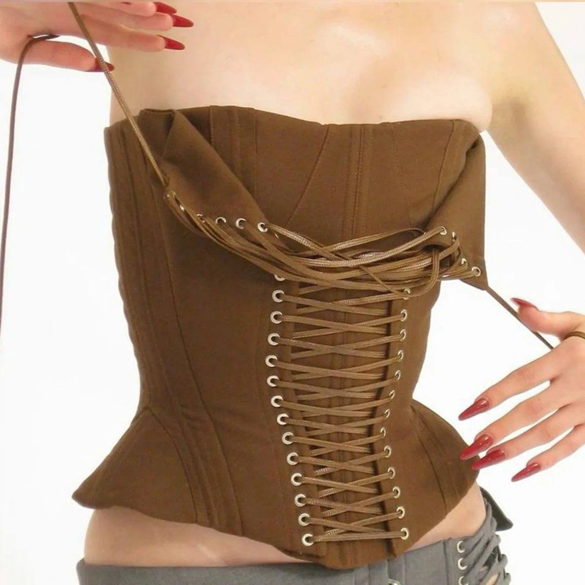 Earthy Brown Ribbed Strapless Corset Top with Dramatic Front Lace-Up Detailing