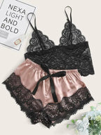 Romantic Sheer Black Lace Bralette and Blush Satin-Finish Shorts Sleep Set