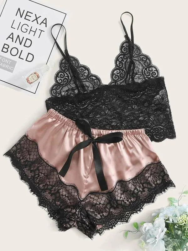 Romantic Sheer Black Lace Bralette and Blush Satin-Finish Shorts Sleep Set