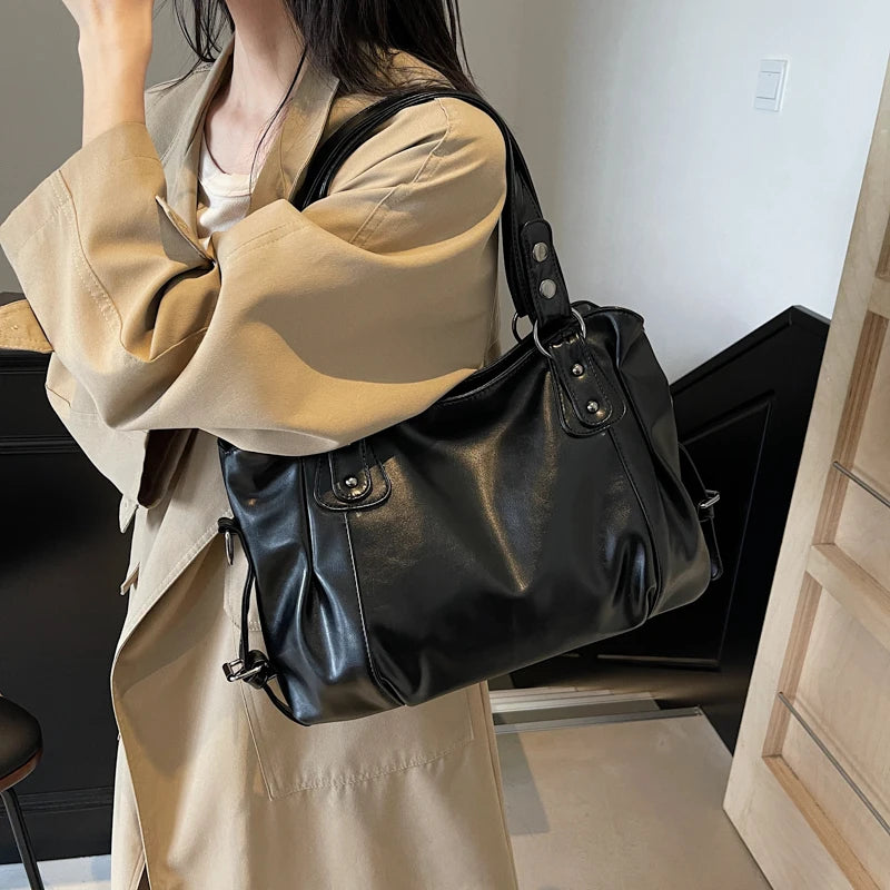 Large Capacity PU Leather Hobo Tote Bag with Soft Shoulder Design