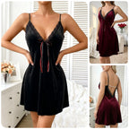 Plush Burgundy Velvet A-Line Chemise with Black Lace Trim