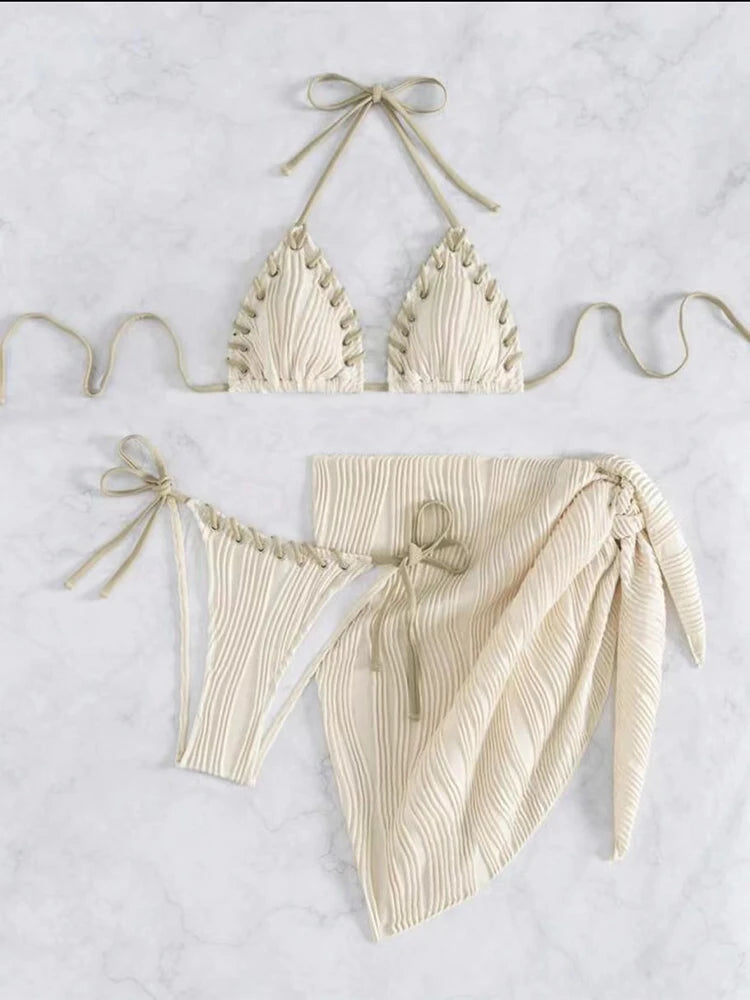 Textured Cream Three-Piece String Bikini Set with Woven Scalloped Trim