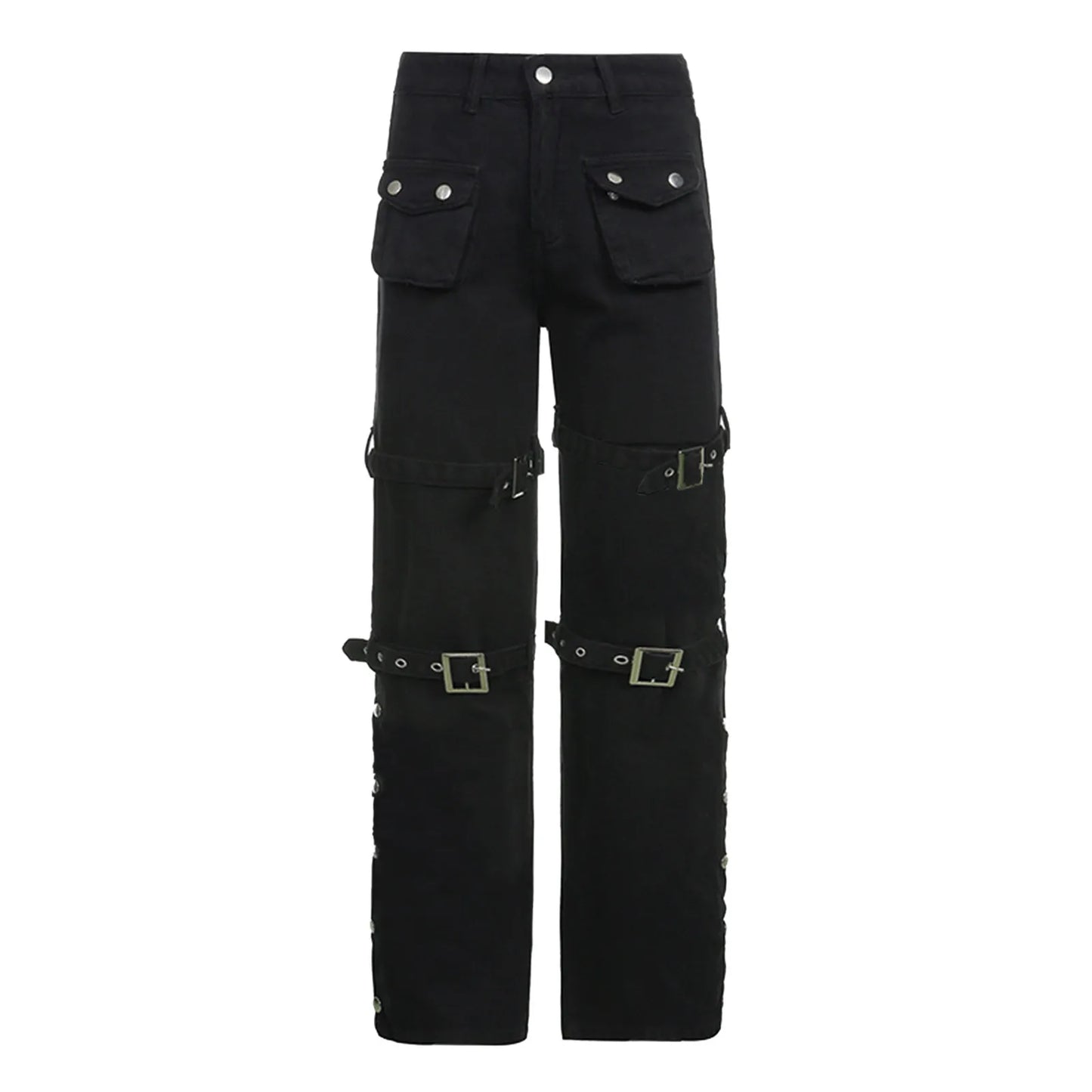 Buckle Detail Flared Pants Punk Inspired Alternative Streetwear Bottoms