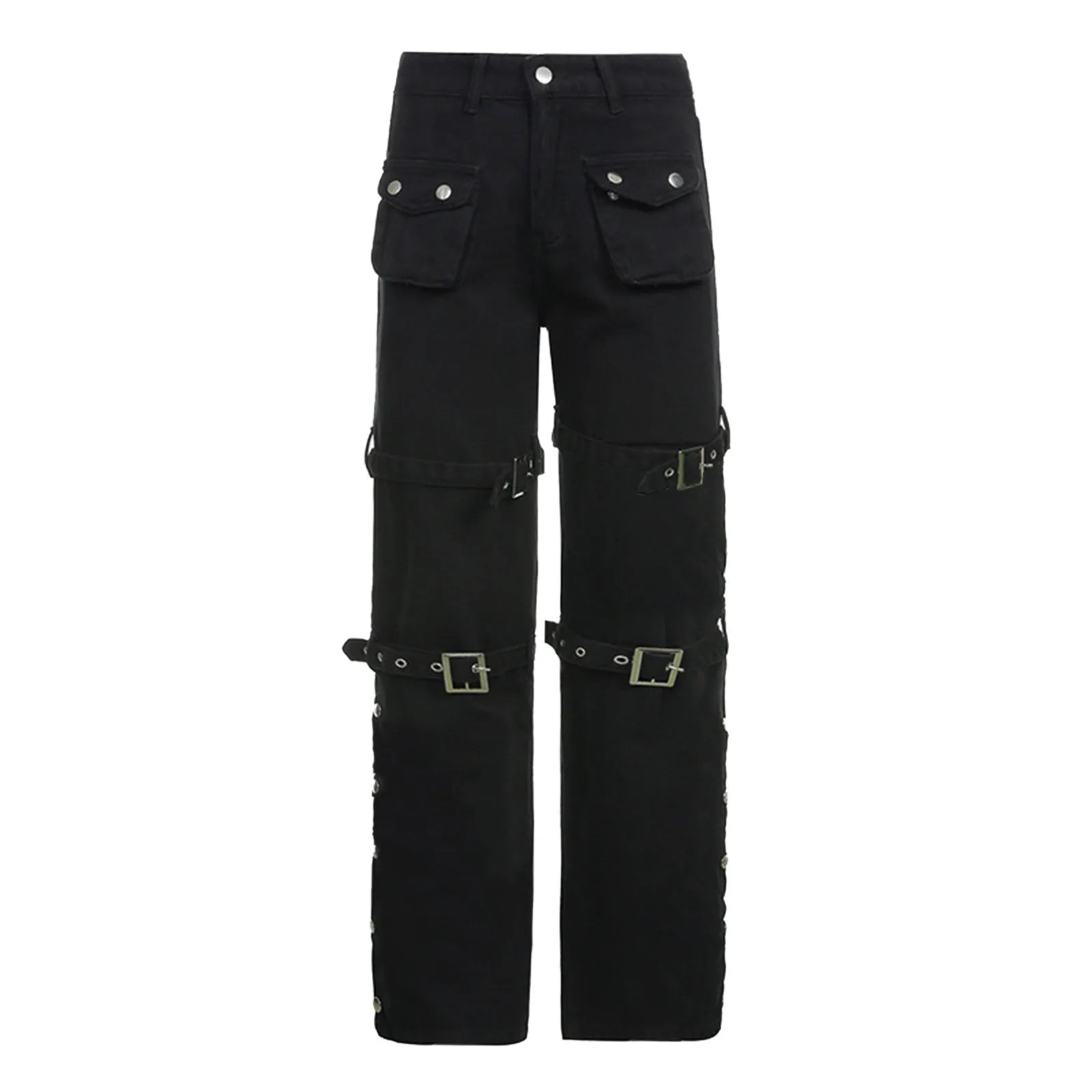 Buckle Detail Flared Pants Punk Inspired Alternative Streetwear Bottoms