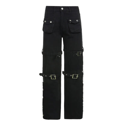 Buckle Detail Flared Pants Punk Inspired Alternative Streetwear Bottoms