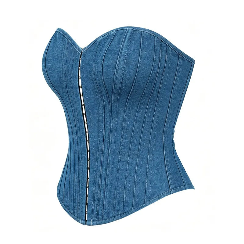 Blue Denim Strapless Corset Top with Front Zipper and Sweetheart Neckline