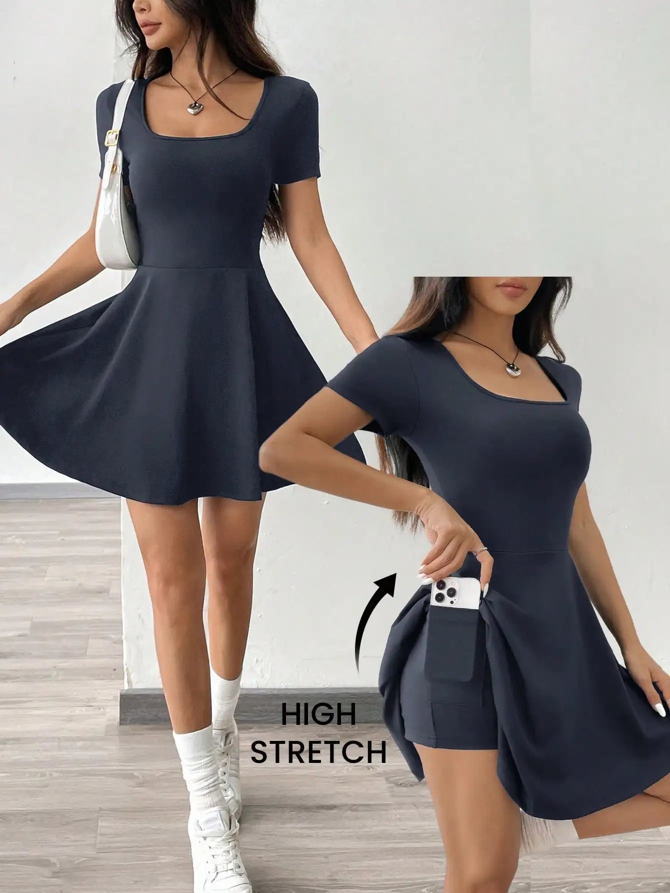 Square Neck Short Sleeve A-Line Mini Dress with Flared Skater Silhouette